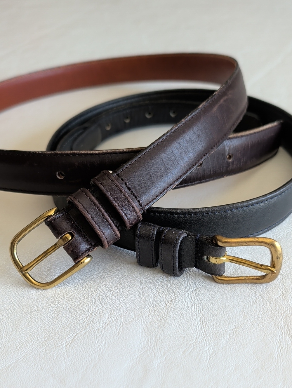 Set Of Two Coach Slim Dark Brown & Navy Leather Belts Brass Hardware Size 30